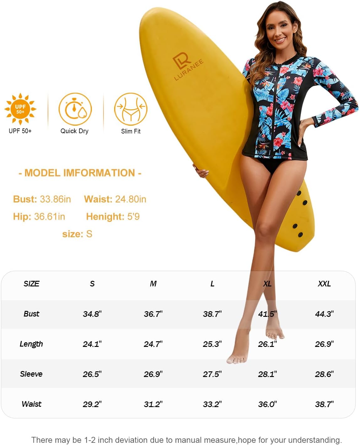 LURANEE Women's Zip Up Rash Guards for Women Long Sleeve Swimsuit UV Sun Protection Swim Shirts - Image 6