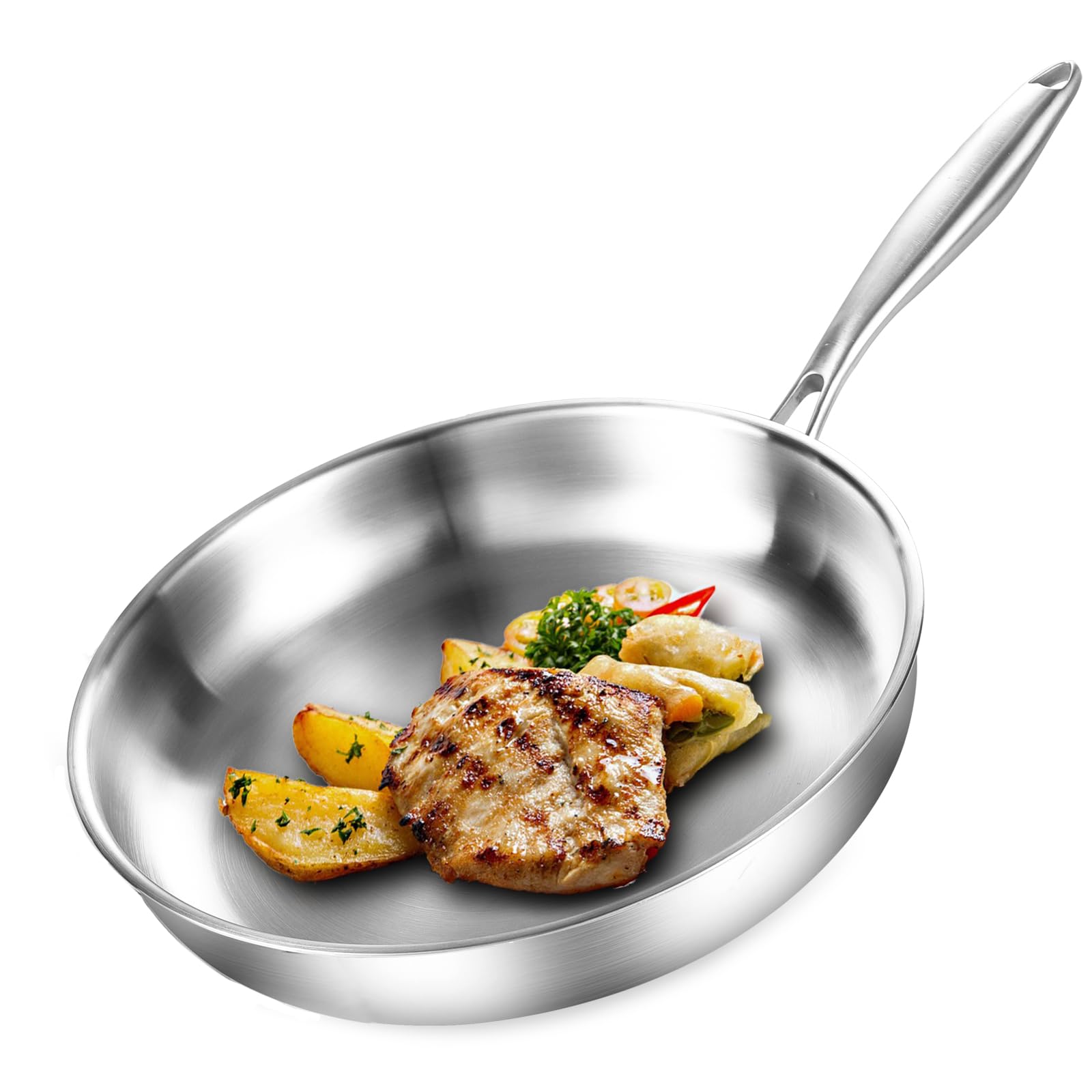 DELARLOCHEF Dreilagige Edelstahl Bratpfanne, Edelstahlpfanne Unbeschichtet, Induktions Pfanne, Hocheffiziente und Energieeffiziente Pfannen für Steak Ei