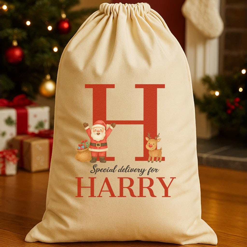 The Gift Project Personalised Christmas Excited Santa Initial and Name - Christmas Santa Sack