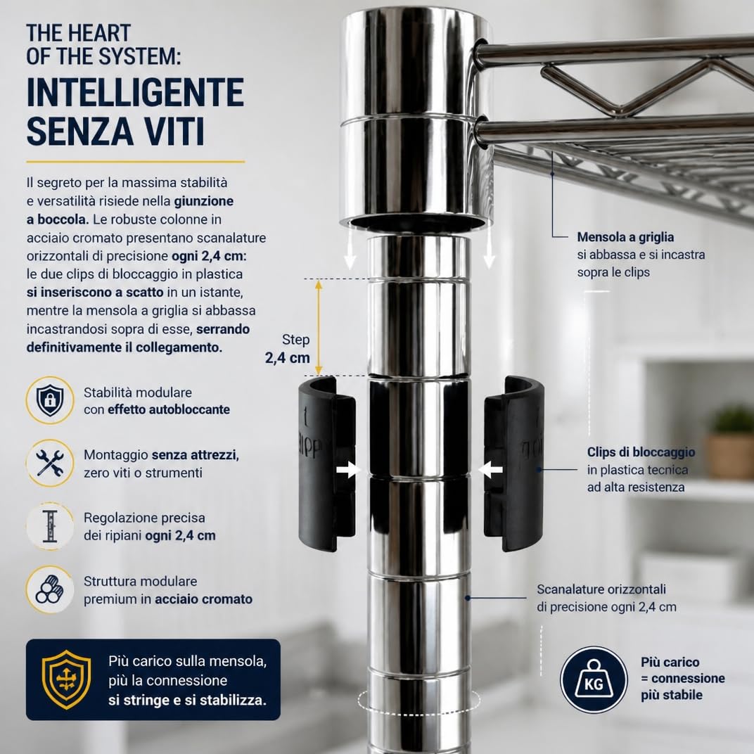 Scaffaliera grigia cromata a 3 ripiani con ruote bloccabili e maniglione, altezza dei ripiani e piedini di livellamento regolabili, peso massimo 400 kg, Cromo, 46 x 61 x 94 cm (P x L x H)