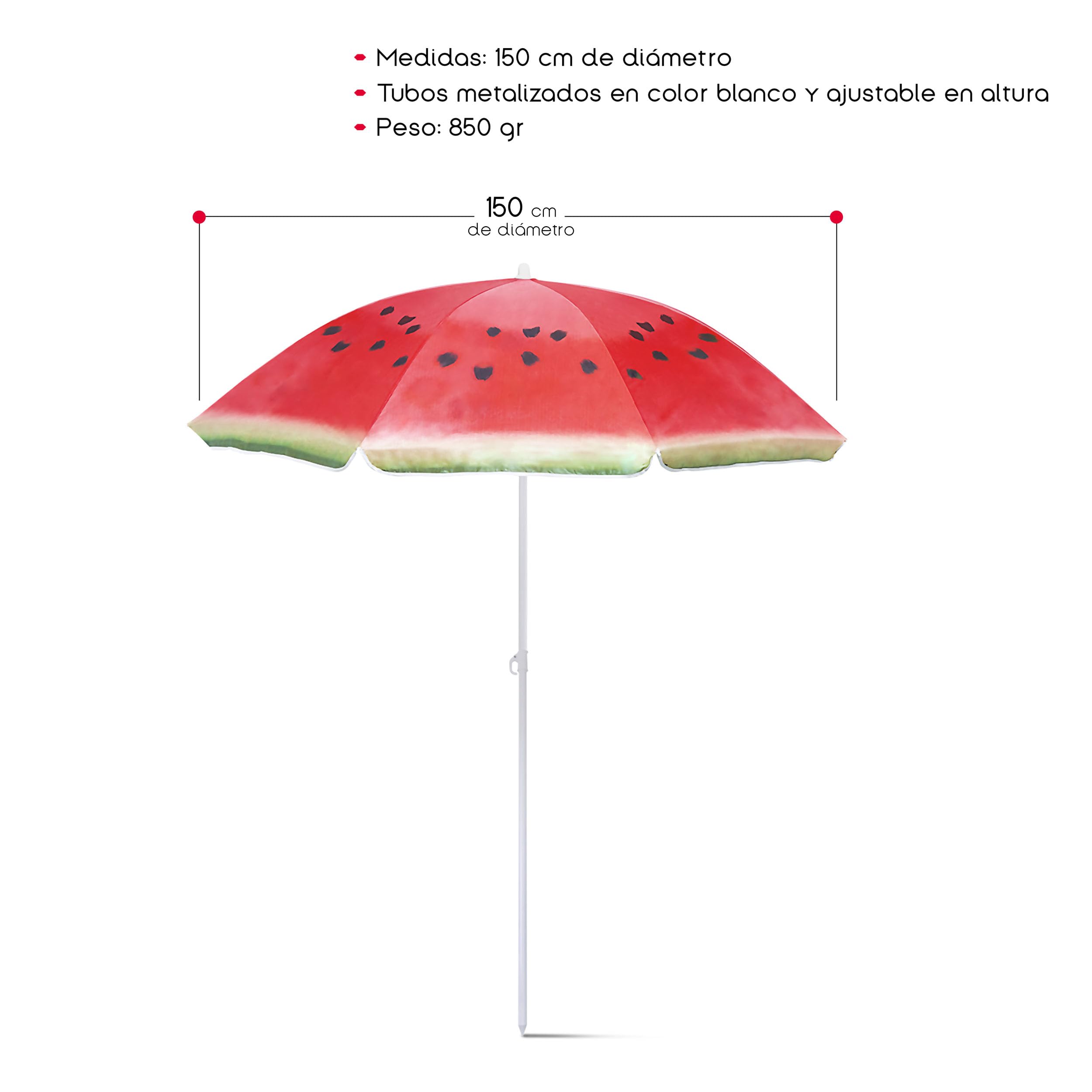 TIENDA EURASIA – Sombrilla Playa | Diseño de Sandía | 150 cm de Diámetro | Nylon | 8 Paneles Resistentes y Faldones Laterales | Tubos Metalizados en Color Blanco y Ajustable en Altura