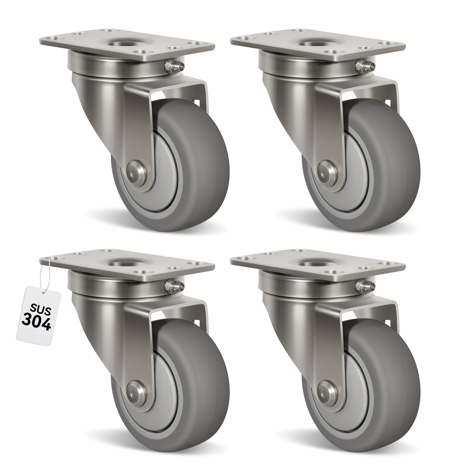 NINOSO 3" Caster Wheels, Stainless Steel Casters Set of 4 Heavy Duty, Anti-Corrosion Rubber Industrial Caster Wheels for Hospitals Food Labs(4 Swivel)