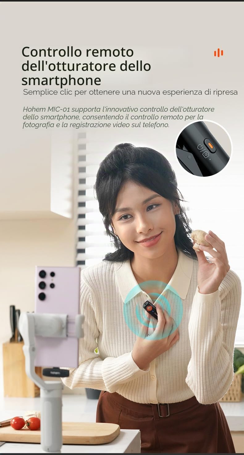 hohem MIC-01 Microfono Lavalier Wireless per iPhone iPad, certificato MFi, Telecomando, 100m (328ft), 7.5H, Plug-Play Microfono per registrare Vlog, Live Stream (2 TX + 1 RX+Custodia di ricarica)