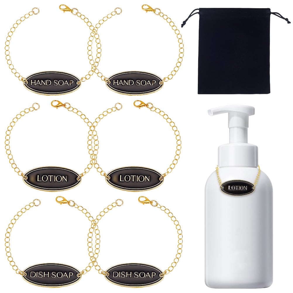OLYCRAFT 6Pcs 3 Styles Golden Soap and Lotion Label Tags Alloy Soap Dispenser Labels Bottle Labels Hand-soap Label Hanging Tag Chains Hand Dish Soap Dispensers Tag for Bathroom Dispensers Decoration