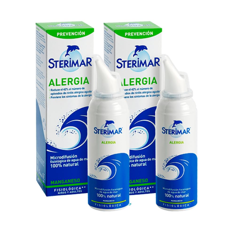 Microdifusión Fisiológica de Agua de Mar 100% natural enriquecida en manganeso. Sterimar Alergia, frasco 100ml. Pack x2 | Spray nasal agua de mar para alergia, rinitis alérgica, congestión nasal, limpieza nasal diaria apto bebés niños adultos
