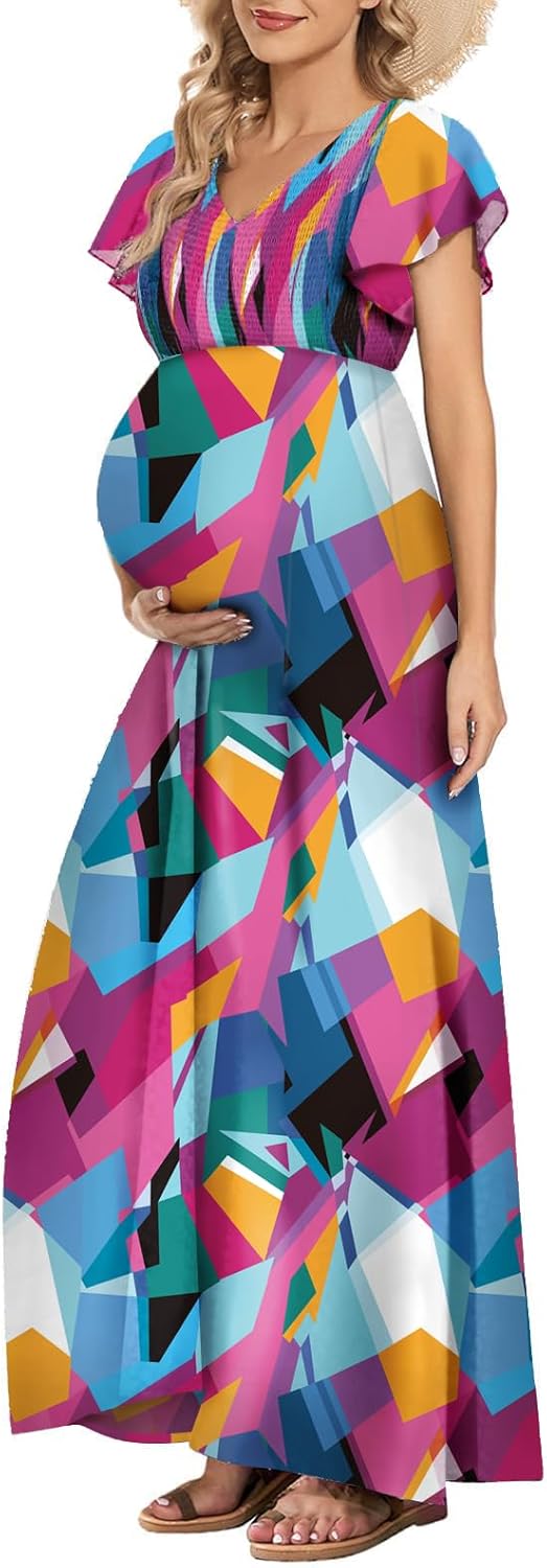 Floral Print V Neck Maternity Dress Boho Baby Shower Photoshoot Smocked Flutter Sleeve Split A Line Dress