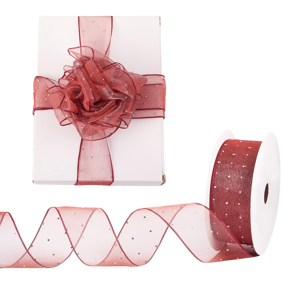 Ruban en polyester de 3,8 cm avec strass rouge pour décoration