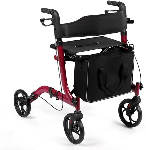Maxmass Folding Rollator, Adjustable Aluminium Mobility Walker with Dual Brake, Detachable Storage Bag and Side Holder, Lightweight Walking Aid for Elderly or Handicapped (Red)