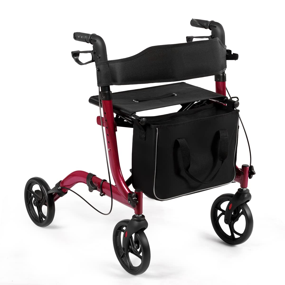 COSTWAY aluminiowy rollator, składany rollator podróżny, lekki rollator o regulowanej wysokości, z odpinanym workiem do przechowywania, malowane ogniowo, dla seniorów i dorosłych (czerwony)