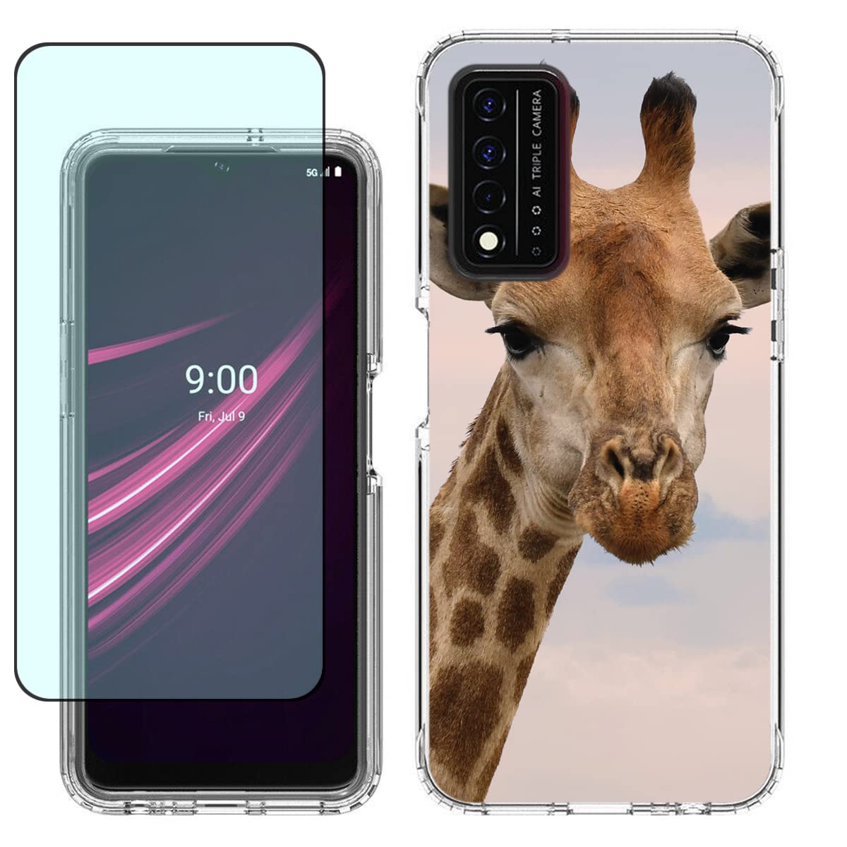 (Compatible for T-Mobile Revvl V+ Plus 5G) palettecase Clear Shockproof TPU Case+Tempered Glass Protector[Giraffe Stares]