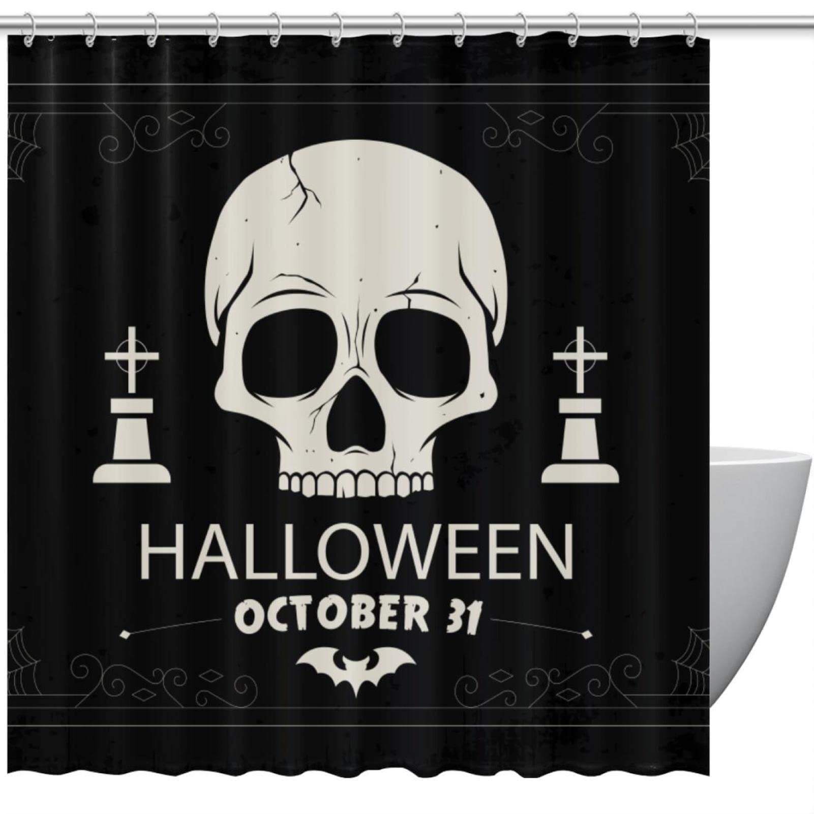 Rideau de douche tête de mort Halloween avec crochets pour salle de bain gothique