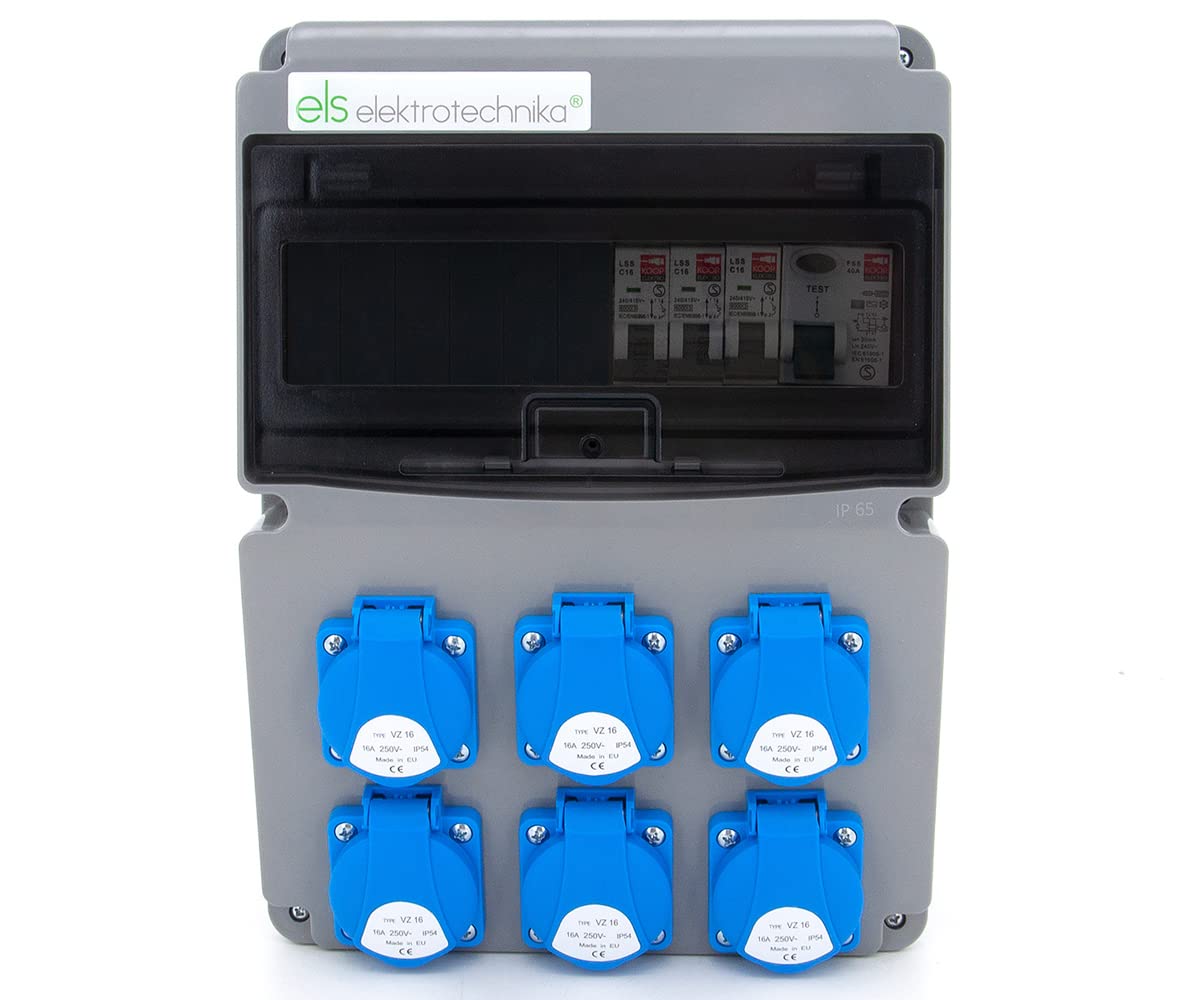ELS Elektrotechnika Distributore di corrente da parete, 6 x 230 V, Schuko 40 A e interruttore di protezione del cavo 3 x C16 A. Distributore di corrente per interni ed esterni, officine e fabbriche.