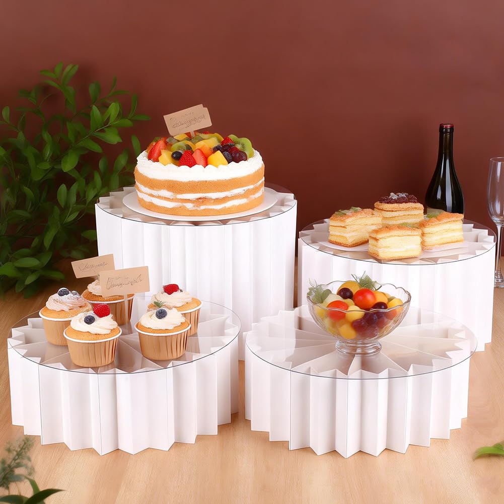 UNICRAFTALE Juego De 6 Columnas Plegables De Papel Para Buffet Con Tapa De Acrílico Soportes Redondos Y Bases Altas Blancas Para Exhibir Postres Pasteles Y Decoración De Fiestas