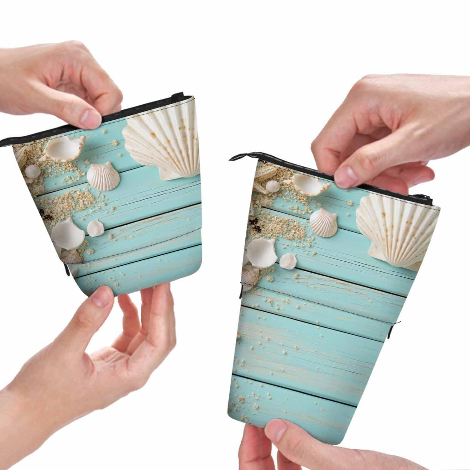 Swono Seashells Pencil Holder Beach Ocean Starfish Wooden Nautical Border Stand Up Pencil Case Organizer Cosmetics Pouch For Women Men Turquoise