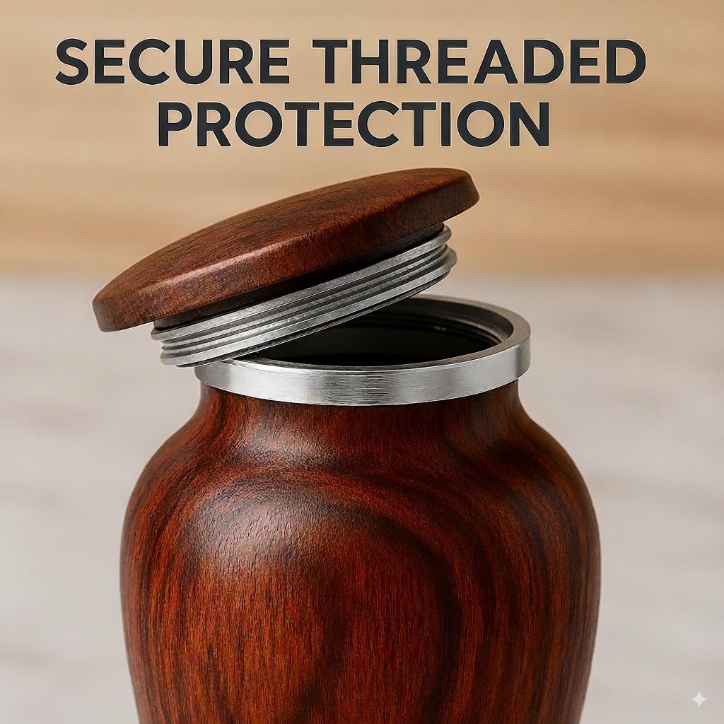 Small Keepsake Urn for Human Ashes – Cherry Wood Appearance Memorial – Handcrafted Mini Urn for Sharing – Recycled Cast Aluminum – Secure Lid - Velvet Bag & Funnel – Decorative Container