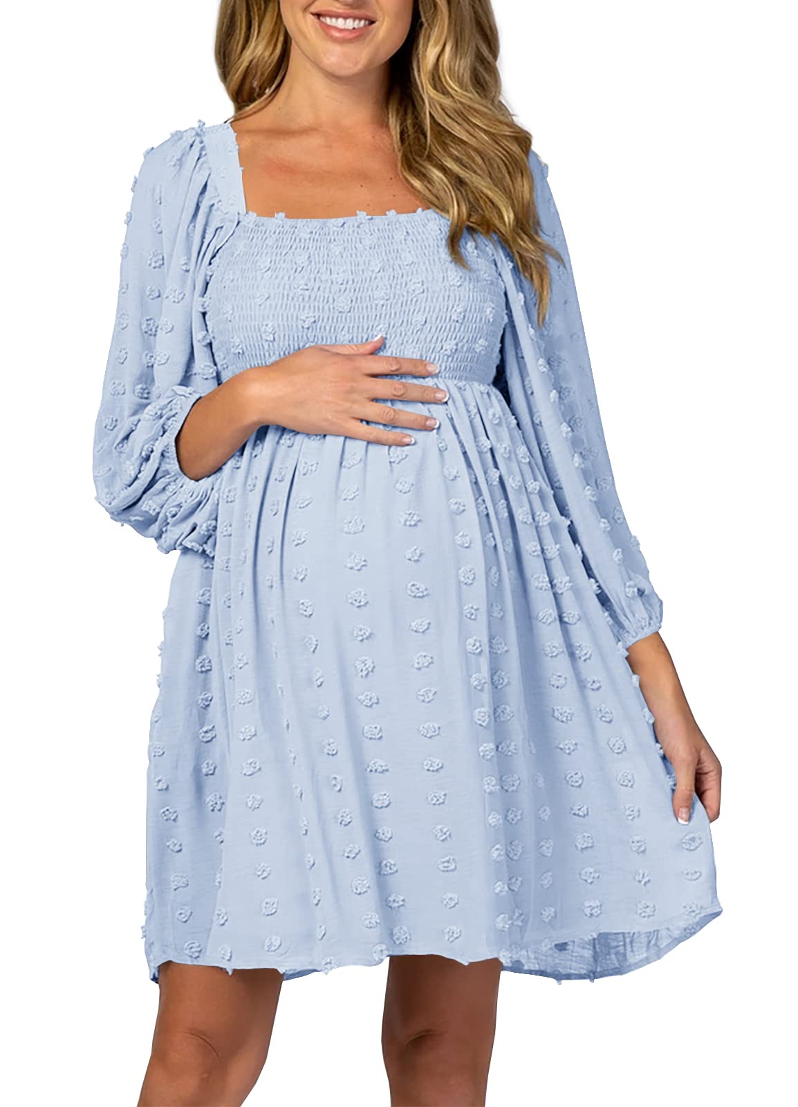 Ofenbuy Women's Long Sleeve Maternity Dress Square Neck Swiss Dot Casual Loose Short Dresses