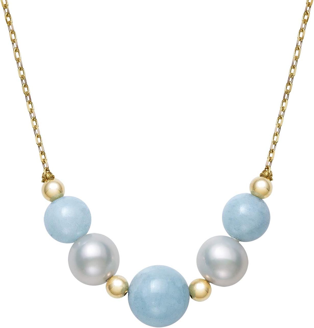Belacqua Natural Milky Blue Aquamarine and Cultured Freshwater Pearl Smile Necklace in 14K Yellow Gold Beaded, 18" Inches Cable Chain, Real Pearl Jewelry for Women, Gift Box Included