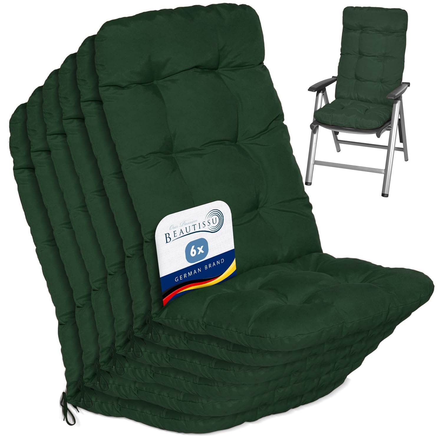 Beautissu Set of 6 Highback Garden Chair Cushions Set 120x50x8 cm - Dark Green Outdoor Seat Cushions for Garden Chairs with Backs Pillows for Recliner Patio Sunbed Bench - Flair HL