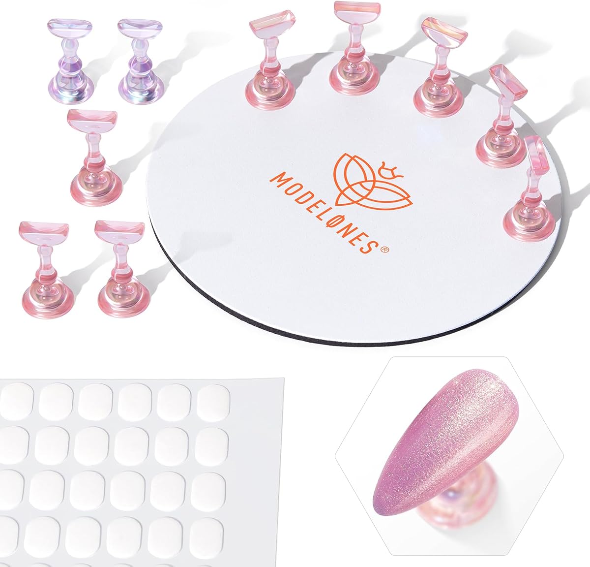 Nail Stand Round Metal Base Press on Nail Tips Holder 200pcs Tabs | Magnetic Aurora Pink Nail Stands for Press ons False Nail Tips Practice Acrylic Holder Strong Metal Base Painting Display DIY