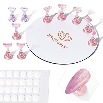 Modelones Nail Stand Set, Magnetic Aurora Pink Nail Stands for Press ons False Nail Tips Practice Acrylic Holder with 200pcs Sticky Tabs Strong Metal Base Painting Display DIY & Salon Use