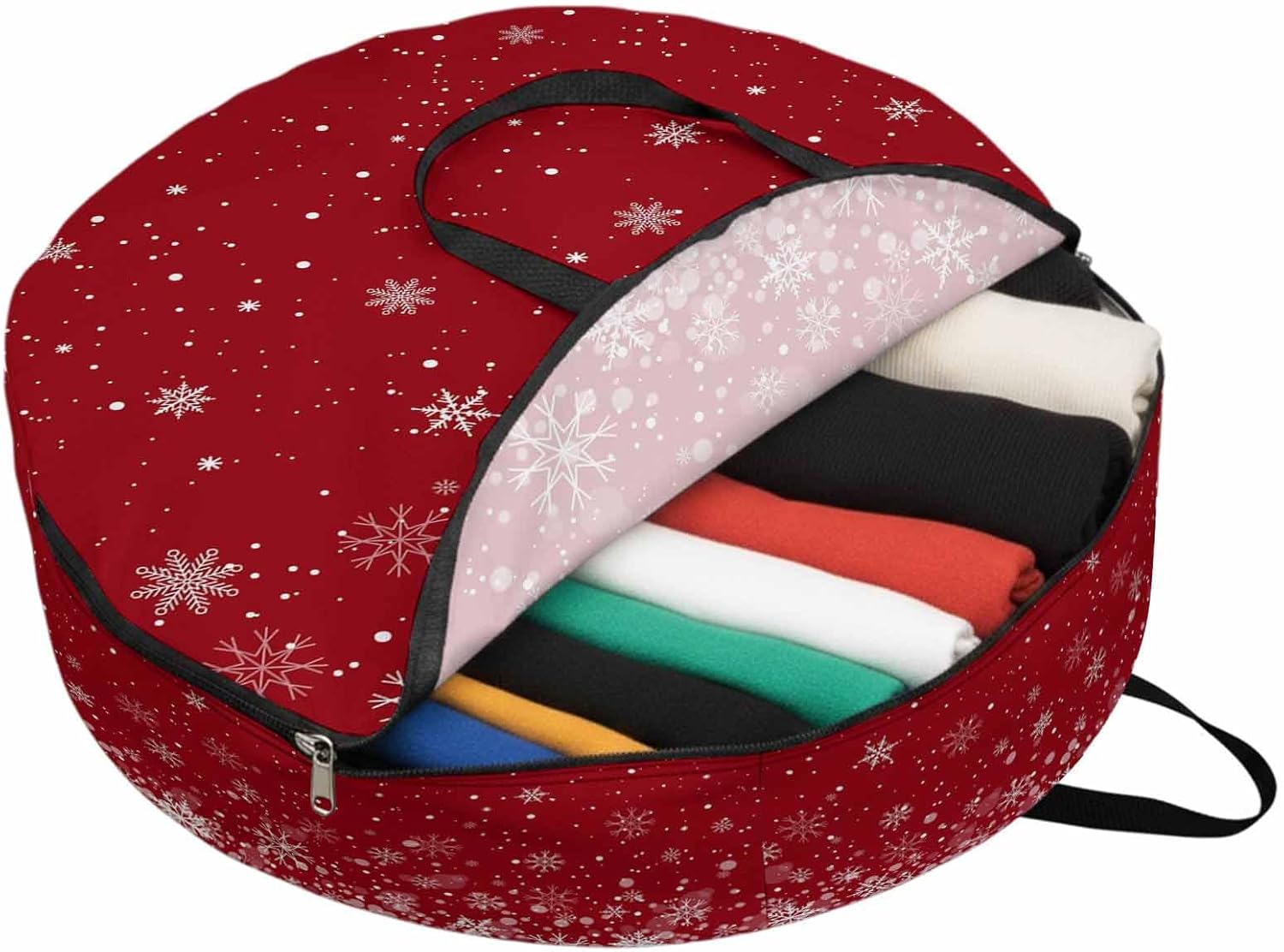 Christmas Snowflake Round Storage Bag 36 Inch, Red Gradient Clothes Storage Container with Handles Heavy Duty Organizer for Comforter, Bedding & Holiday Wreaths