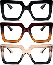 REAVEE 3 Pack Oversized Reading Glasses for Women Large Frame Extra Wide, Blue Light Blocking Stylish Thick Square Readers
