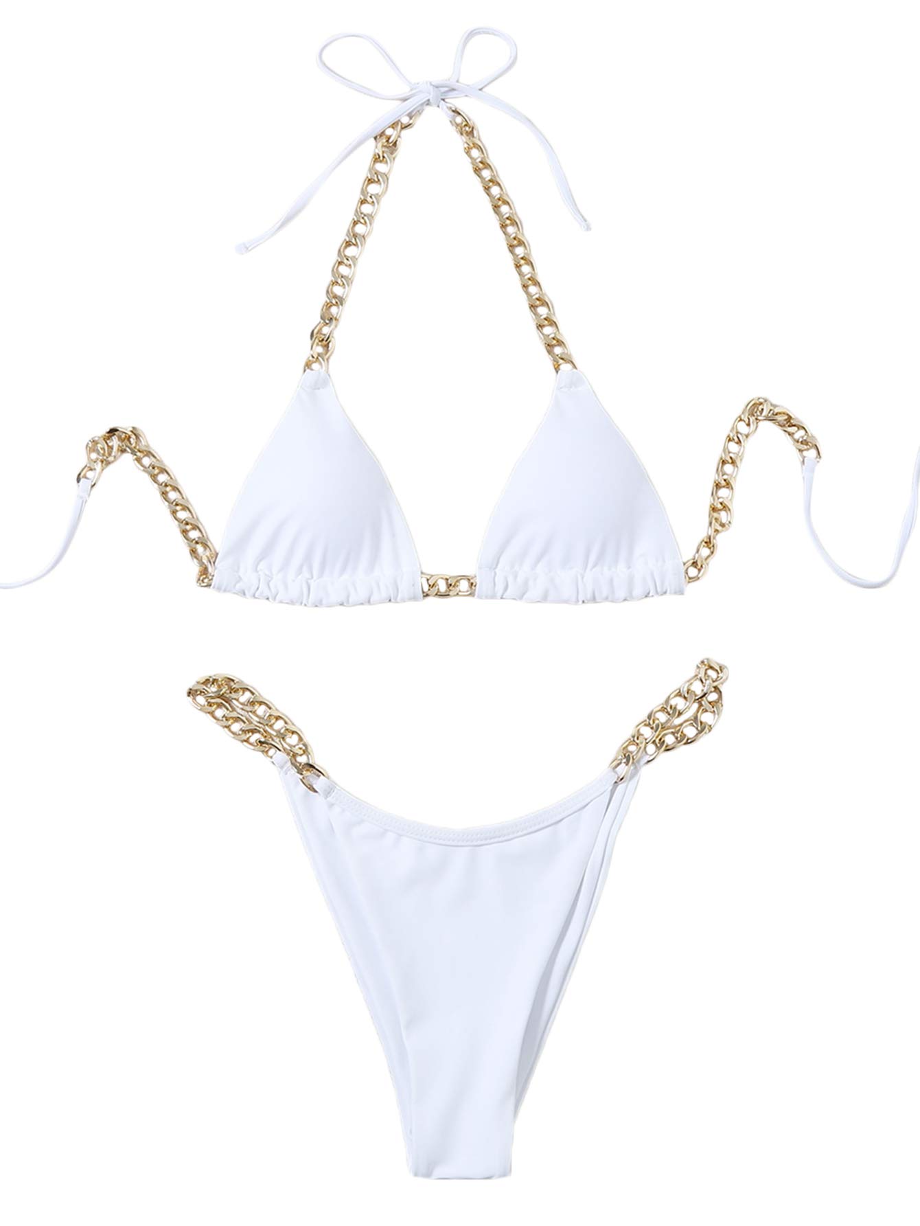 MakeMeChic Women's Chain Linked Triangle Bikini Swimsuit High Cut Bathing Suit White L