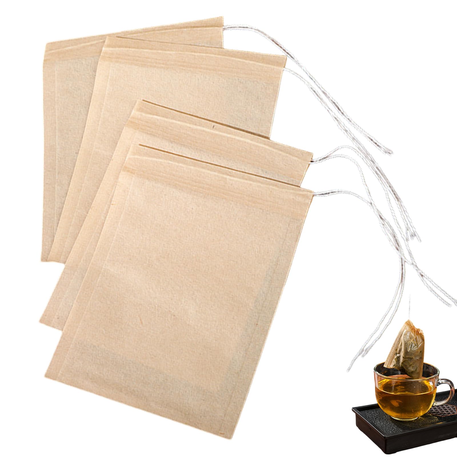100 Pcs Unbleached Tea Filter Bags, 7x8cm Disposable Drawstring Tea Pouches, Biodegradable Natural Wood Pulp Empty Tea Bags for Loose Leaf Tea, Coffee, Herbs & Spices