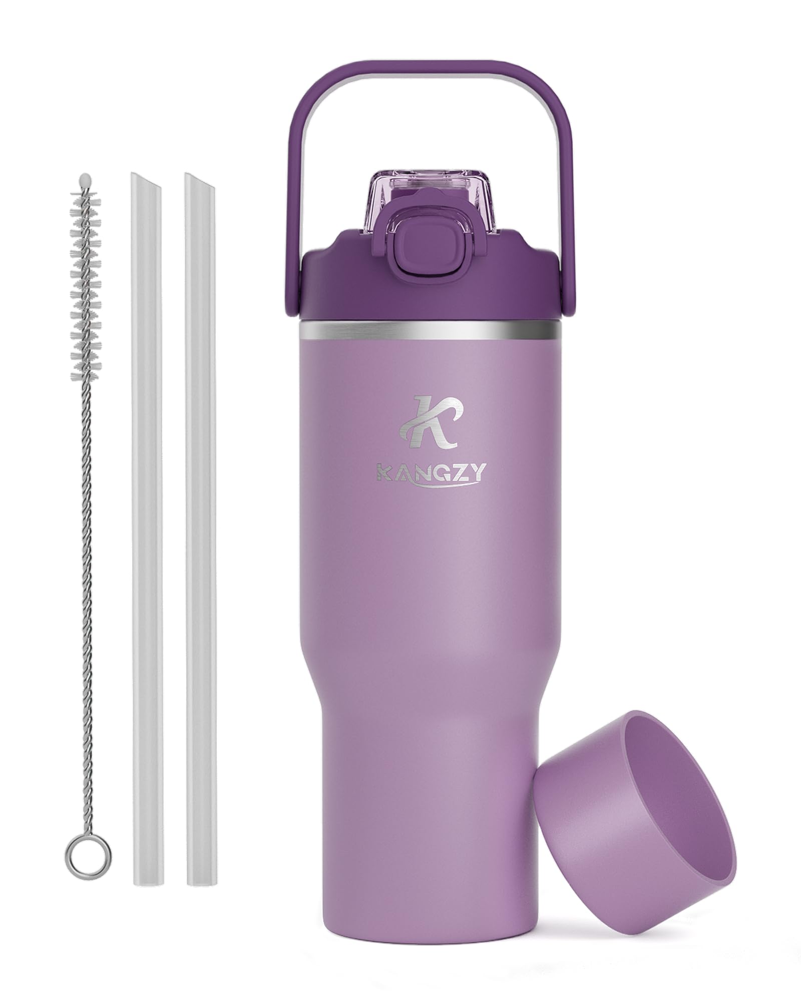 KANGZY Metal Water Bottle with Straw 1L/32oz – Vacuum Insulated Stainless Steel Flask, 2-in-1 Straw & Spout Lid, BPA-Free Leak-Proof Tumbler, Keeps Drinks Hot 12H / Cold 24H for Work, Travel Purple