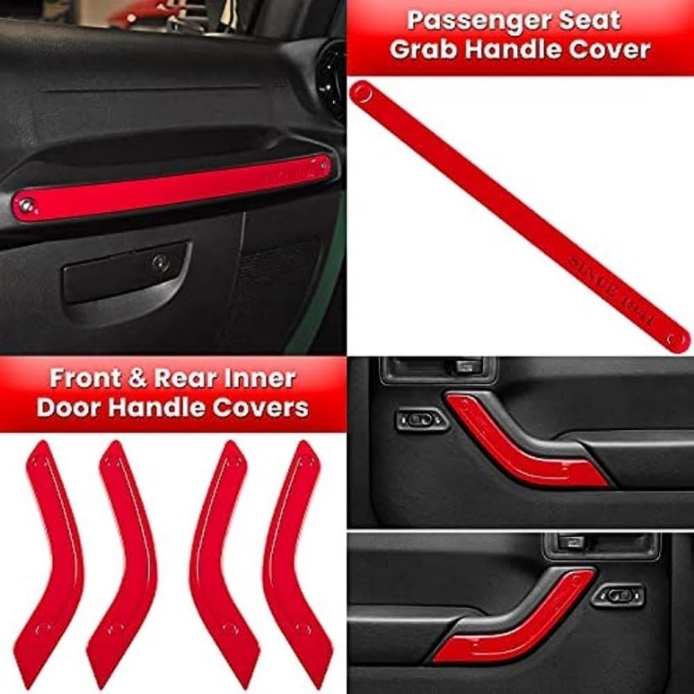 18 PCS Full Set Interior Decoration Trim Kit Steering Wheel Center Console Door Handle Air Conditioning Vent Cup Holder Gear Cover Trim for Jeep for Wrangler JK JKU 2011-2018 4-Door (Red)