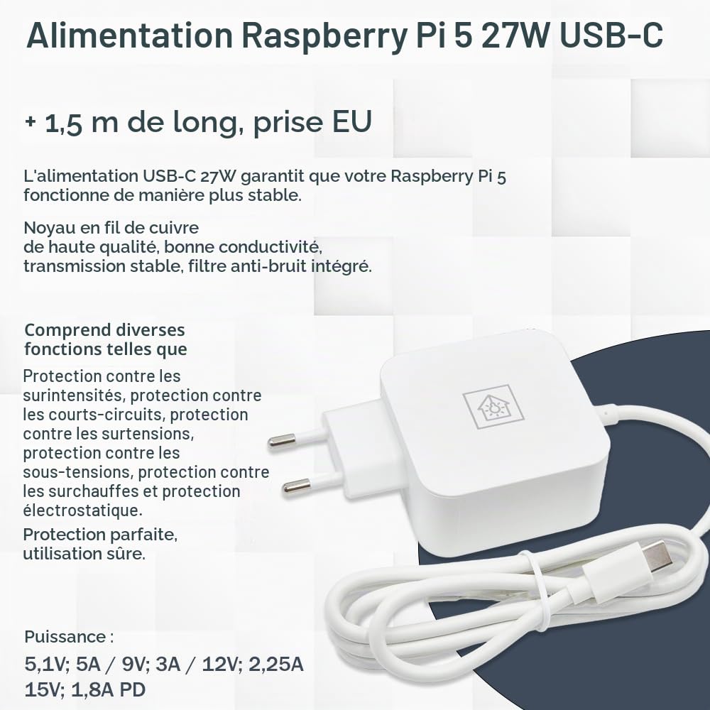 Raspberry Pi 5 Kit de démarrage 4 Go, bloc d'alimentation USB-C 27 W, boîtier avec ventilateur, carte SD 64 Go, câble micro HDMI 4K, rouge et blanc
