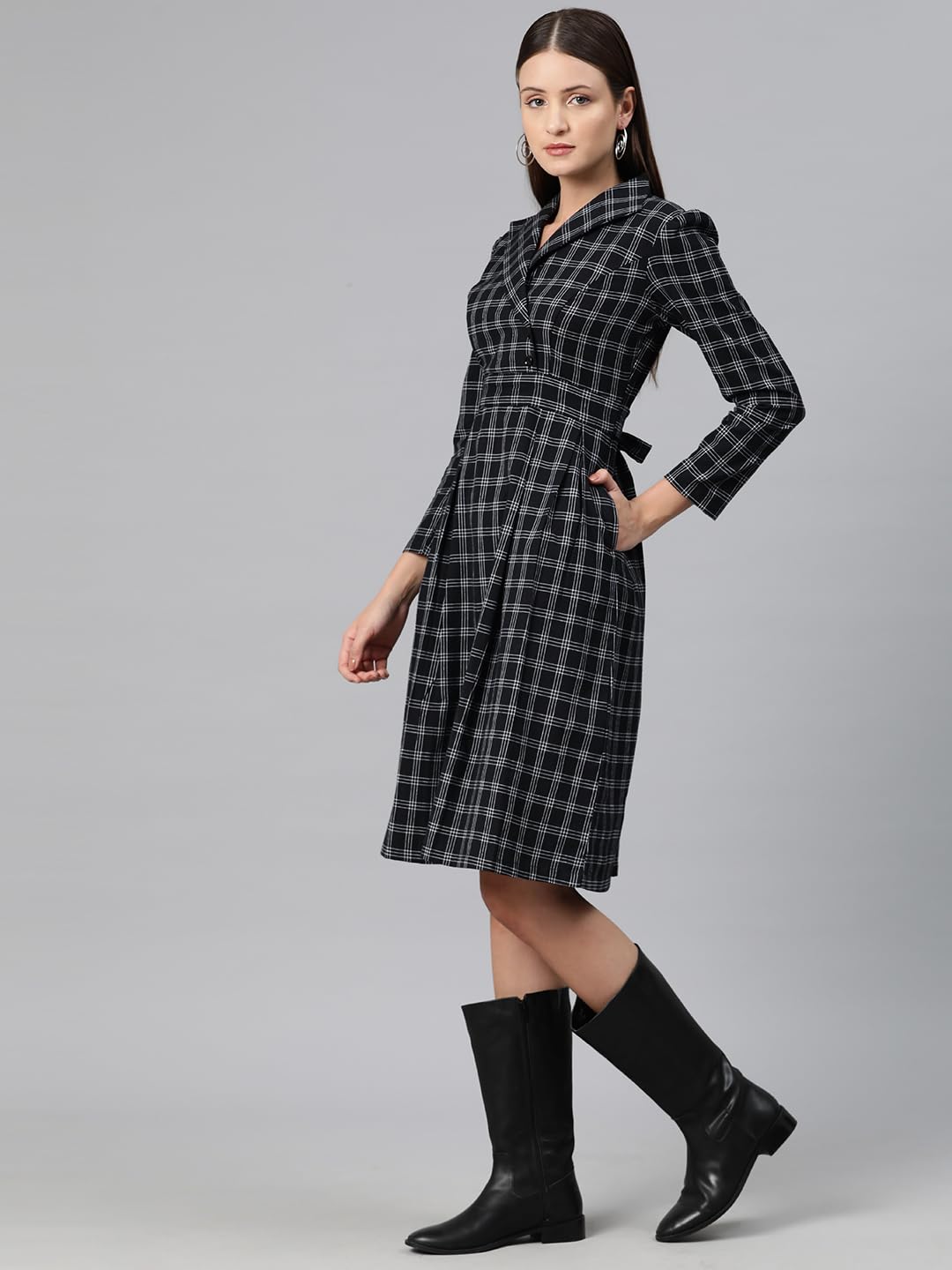 Cottinfab Women Black and White Checked Cotton Lapel Collar Blazer Pleated Knee-Length Dress Long Sleeves, Large 2