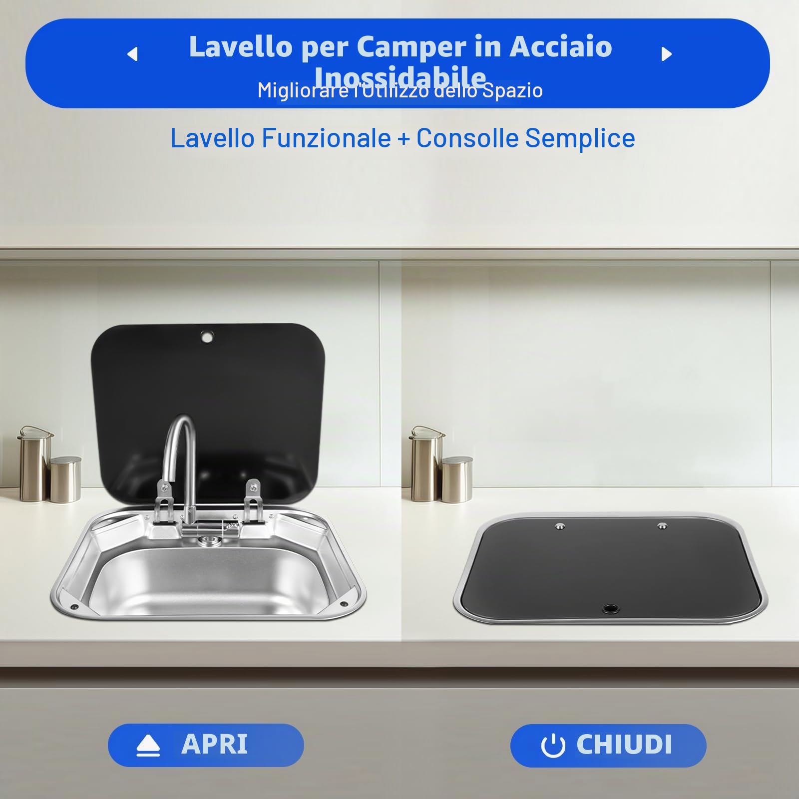 RV - Set lavello da campeggio, ciotola singola, lavabo per roulotte, con rubinetto e 3 tubi, lavello per camper in acciaio inox con coperchio in vetro, per camper e piccole cucine