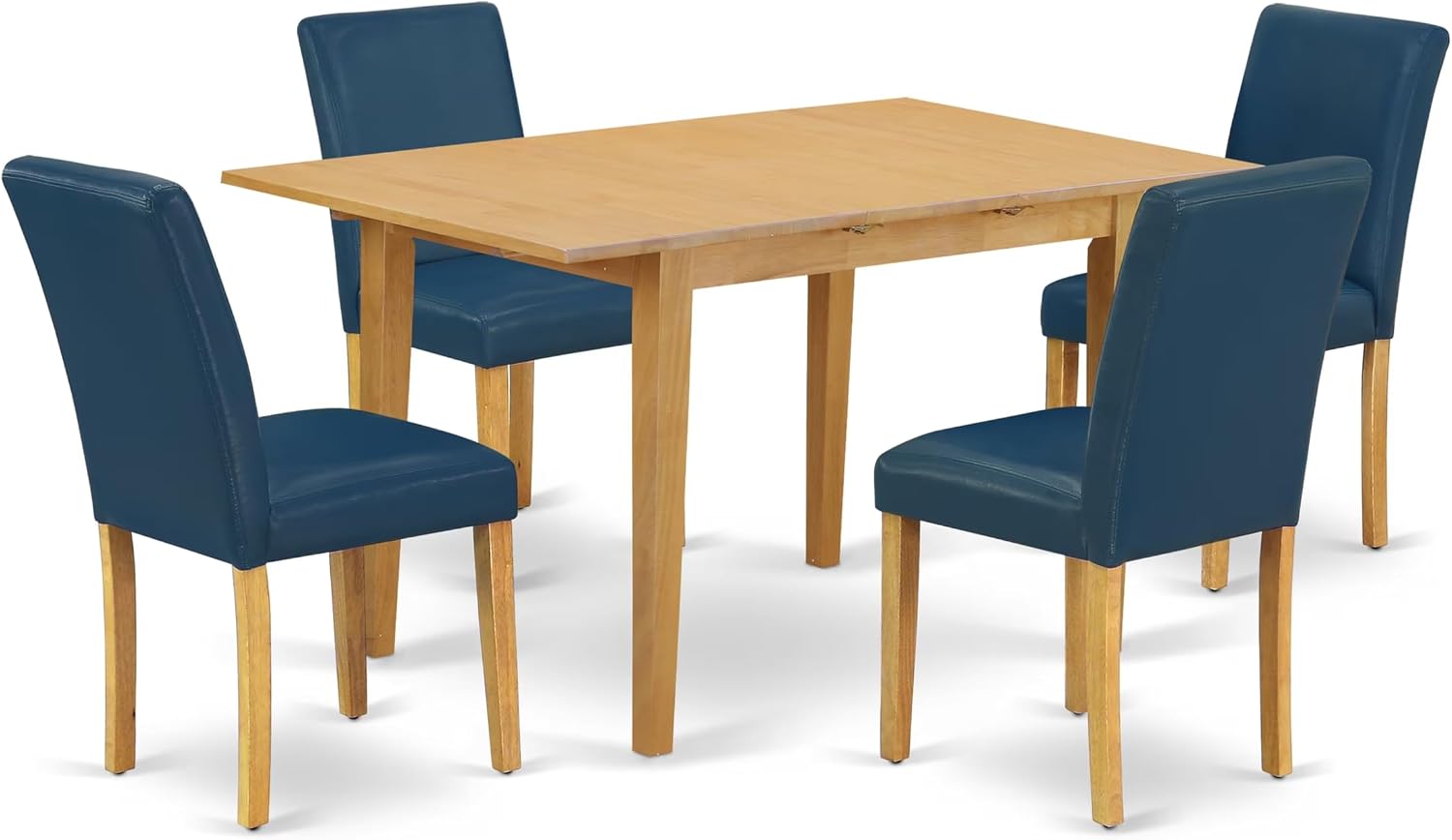 East West Furniture NOAB5-OAK-55 5 Piece Modern Dining Table Set Includes a Rectangle Wooden Table with Butterfly Leaf and 4 Oasis Blue Faux Leather Parson Chairs, 32x54 Inch, Oak