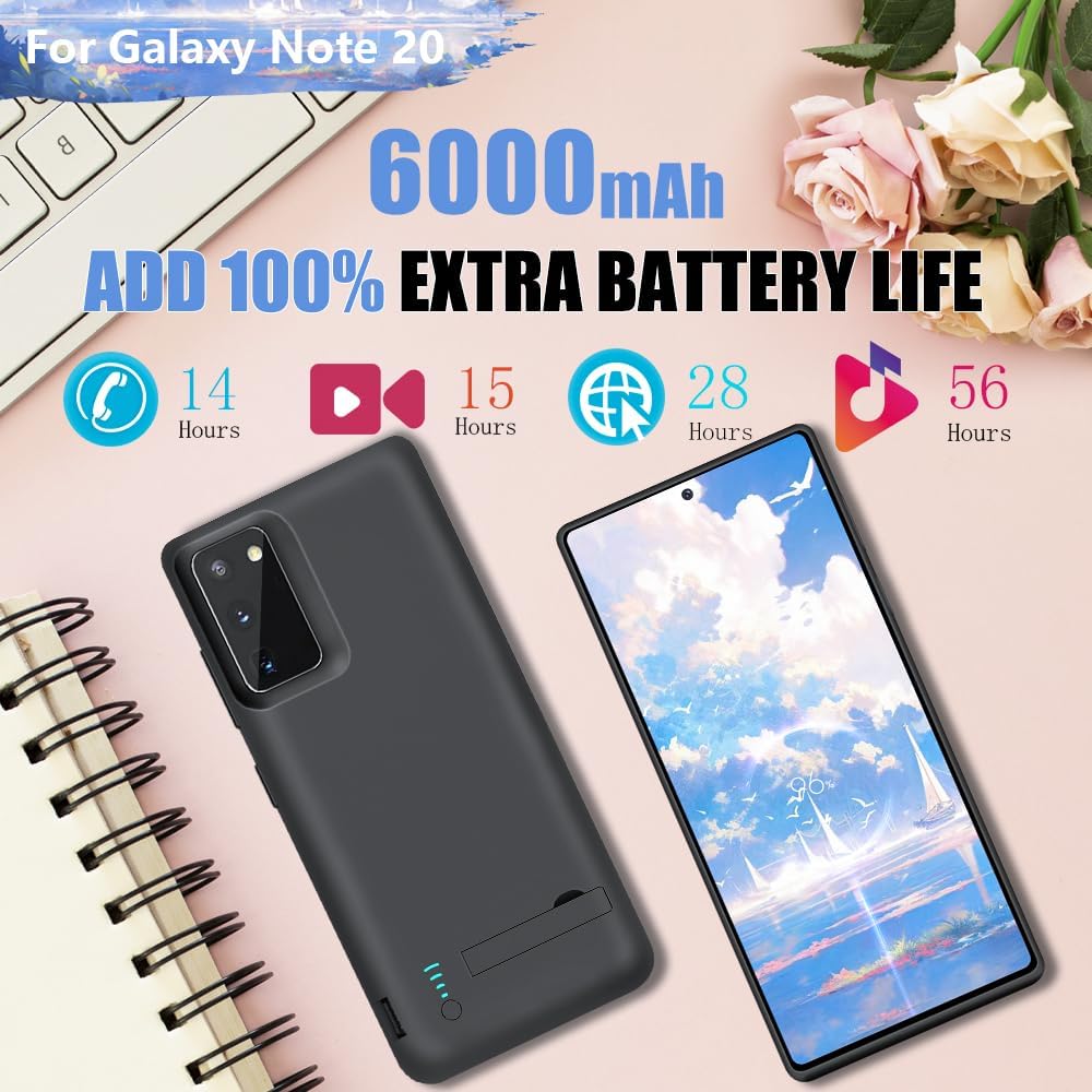Upgraded Battery Case for Samsung Galaxy Note 20 5G, 6000mAh Rechargeable Extended Battery Charging Charger Case, Add 100% Extra Juice (6.7 Inches) Black
