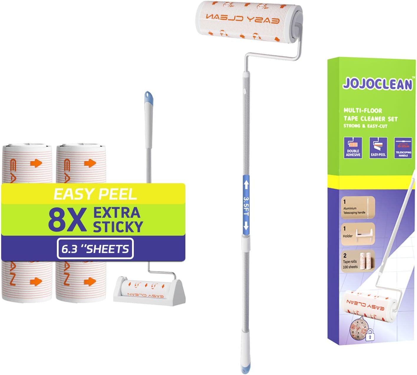 Large Lint Rollers for Pet Hair Extra Sticky for Floor, Carpet and Couch, with 3.5-Foot Adjust Handle and 100 Sheets 8X Adhesion Long Handle Lint Roller with 6.3-inch Sheets