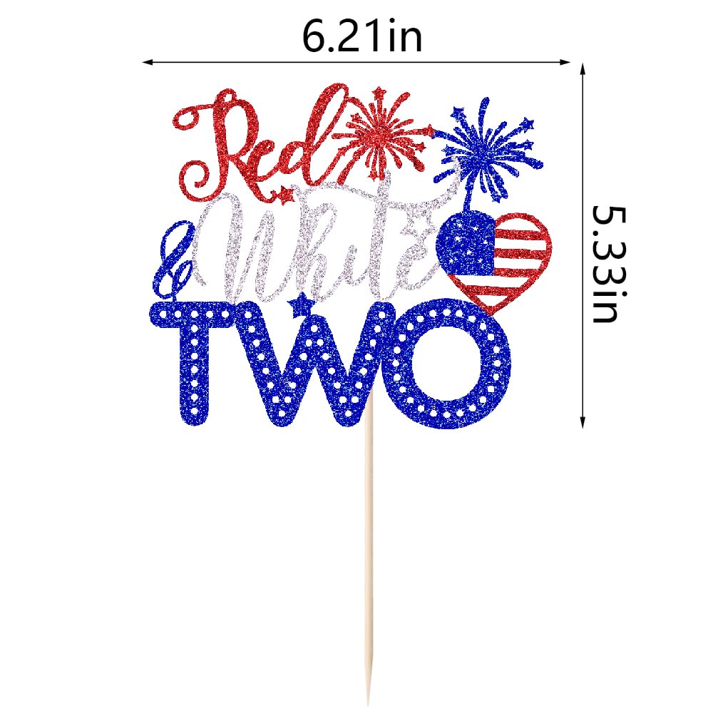 Dxsdgetue Red White and Two Cake Topper, 4th of July 2nd Birthday Cake Topper Decorations,Patriotic Independence Day Themed 2nd Birthday Decorations,American National Day Party Supplies