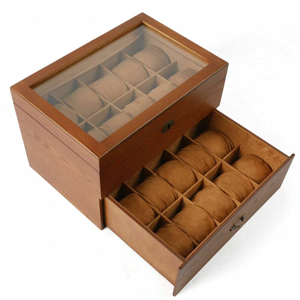 20 Slots 2-lagige Uhren Holz Uhrenbox Schmuckschrank Schmuckkoffer Glasdeckel mit Schublade und Schloss Schaufenster Safehappy