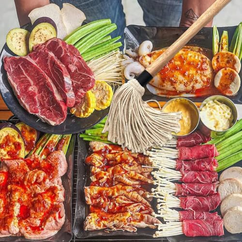 28.5CM Lang BBQ Mops Pinsel BBQ Pinsel Basting Mop Grillpinsel Küchenpinsel Backpinsel Sauce Soßen Marinaden Grillbürste mit Holzgriff und 1 Ersatz Köpfe Holzgriff Grill Mop zum Kochen Braten Grillen