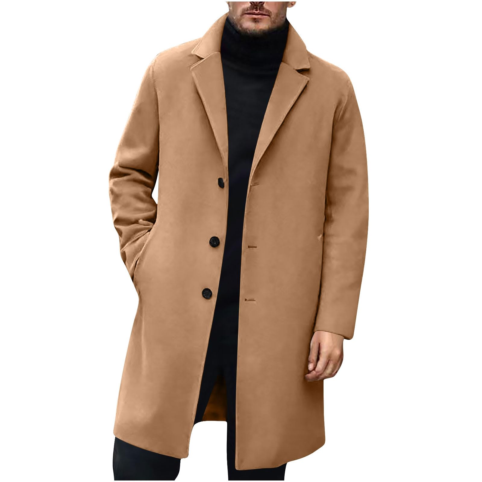 Mens Trench Coat Slim Fit Lapel Collar Fall Winter Single Breasted Pea Coat Vintage Warm Soft Overcoat with Pockets