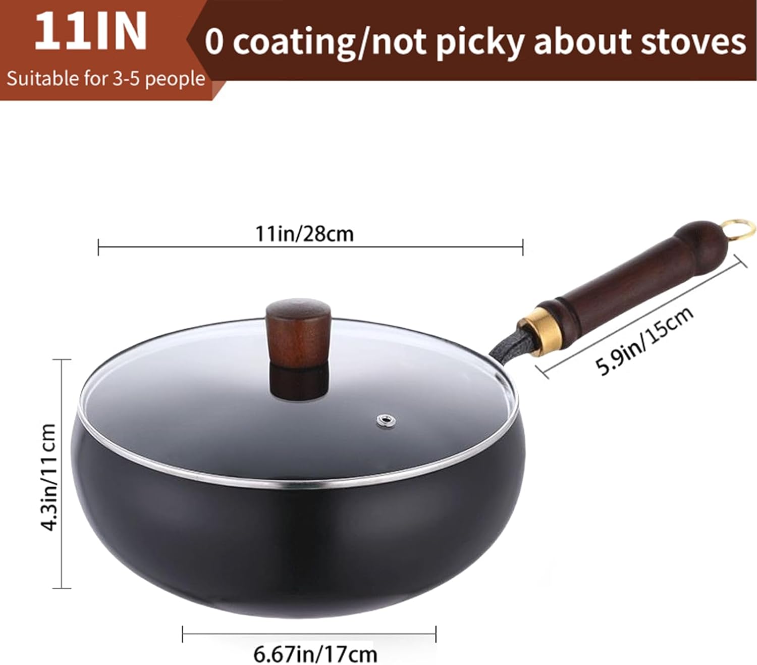 Suntuup Japanese Iron Pan, Uncoated Non-Stick Frying Pan, 11 Inch Stir Fry Pan for Cooker Gas with Glass Lid and Spatula, Durable and Rust-Free