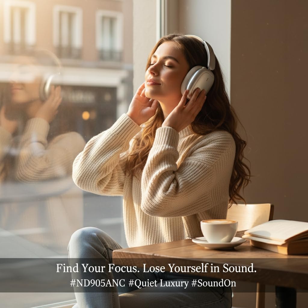 ND905-ANC Auriculares Inalámbricos Diadema Bluetooth 5.4, Cancelación Ruido Activa (3 Modos), 3 Ecualizadores, 40H Autonomía, Almohadillas Magnéticas y Conexión Dual (Beige)
