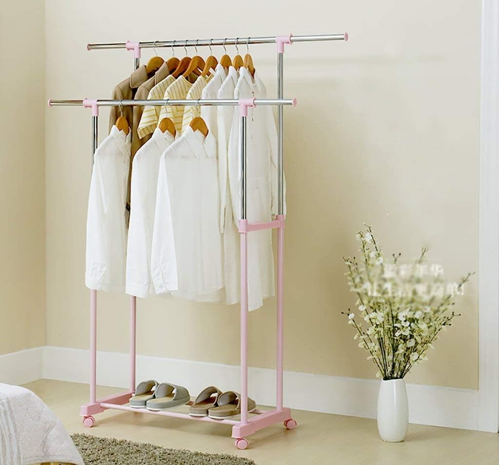 Coat Rack Multipurpose Double Telescopic Clothes Coat Stand Shoes Rack/Free Standing Coat Rack Lift up and Down Portable Coat Rack Tower