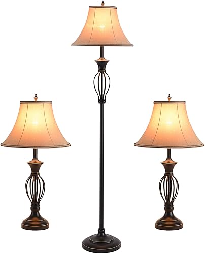Juego de 3 lámparas (2 lámparas de mesa, 1 lámpara de pie), juego de 3 lámparas de sala de estar, juego de lámparas de pie y mesa en acabado bronce disponible en Yaxa Peru