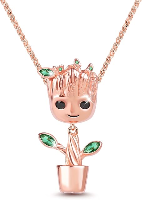 Gnoce"I am Groot" Tree Man Pendant Necklace Sterling Silver 18k Rose Gold Necklace With Green Stone Jewelry for Women Men (62cm)