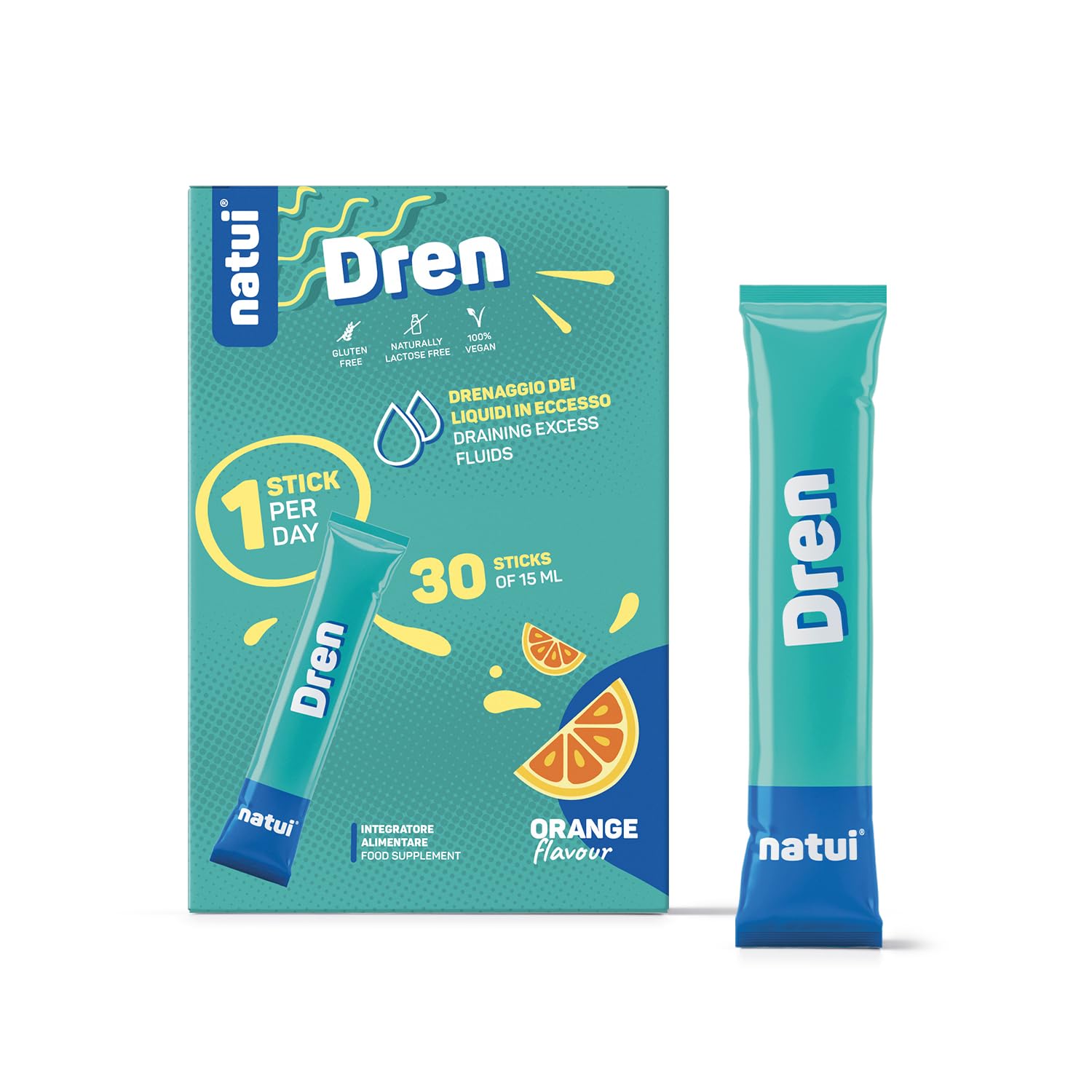 Natui Dren - Integratore Drenante Forte e Diuretico Naturale per Ritenzione Idrica, Detox e Azione Anticellulite – Con Pilosella, Equiseto e Betulla - Gusto Arancia - Senza Glutine – 30 Stick da 15 ml