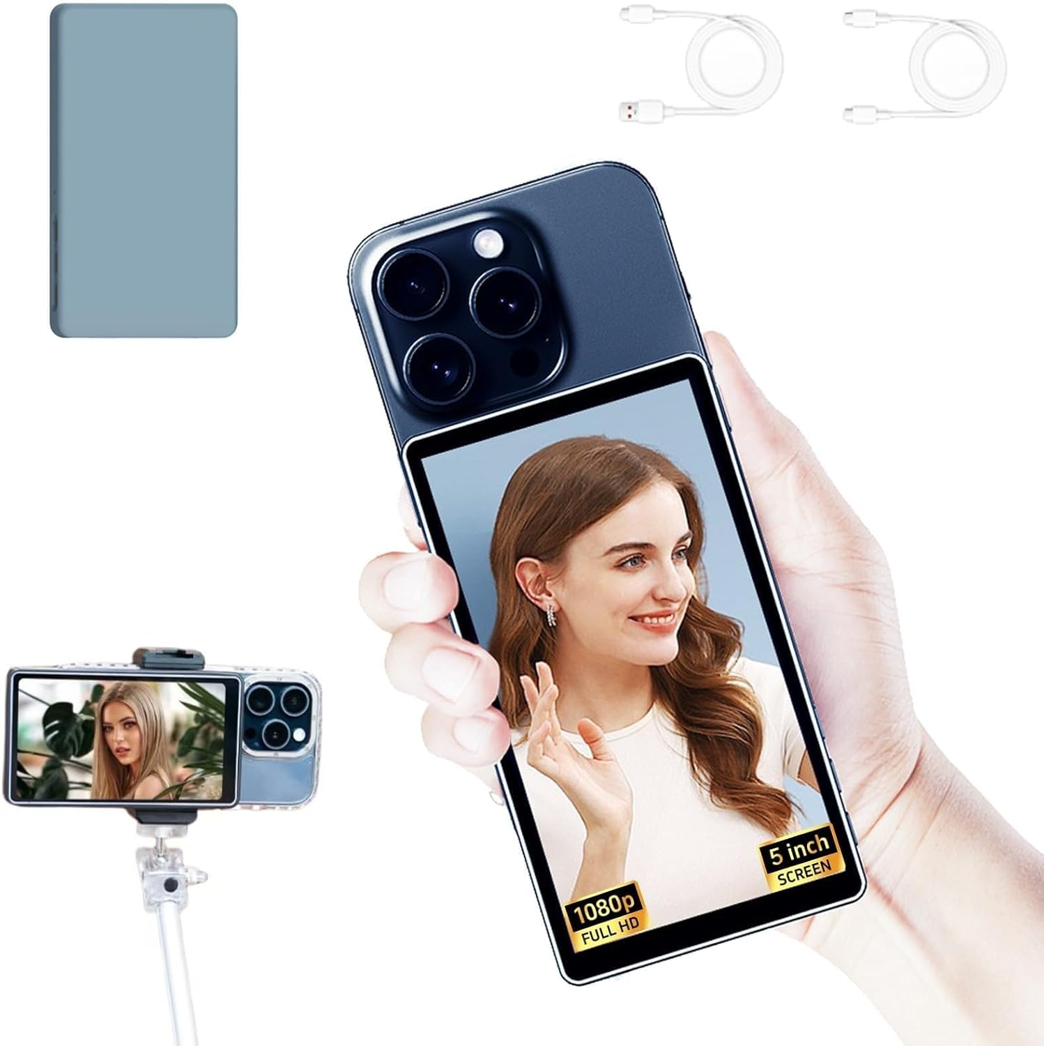 CP5 lite Selfie Monitor Screen iPhone 1080P Wireless Recording,Magnetic Phone Vlog Selfie Monitor Screen Using Phone Rear Camera for Live Stream TikTok,Compatible with iOS Android (Gray Case)