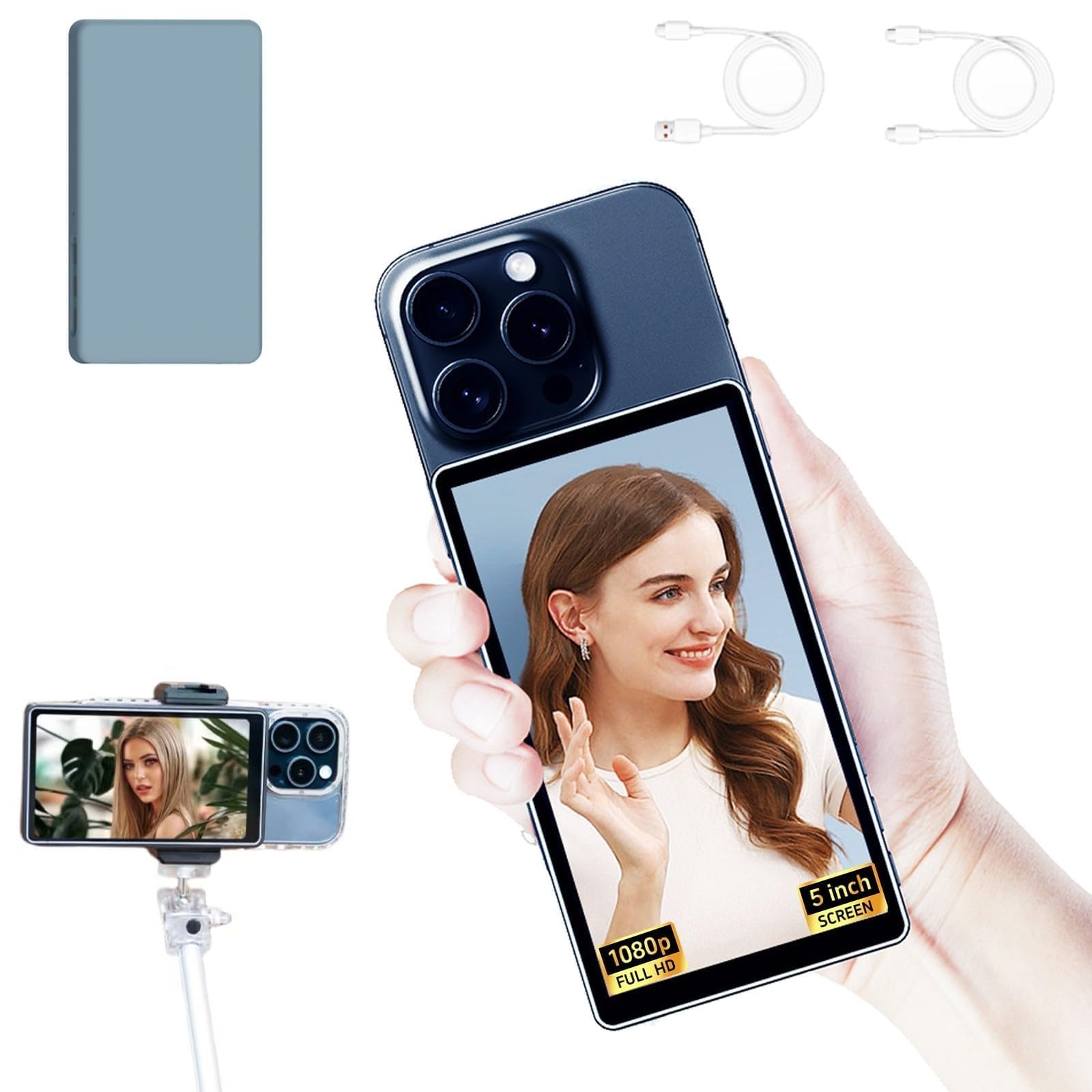 Shimbol CP5 Lite - Pantalla de monitor para teléfono Vlog Selfie de 5 pulgadas, grabación inalámbrica 1080P y transmisión de doble banda, con funda magnética, utiliza cámara trasera del teléfono para