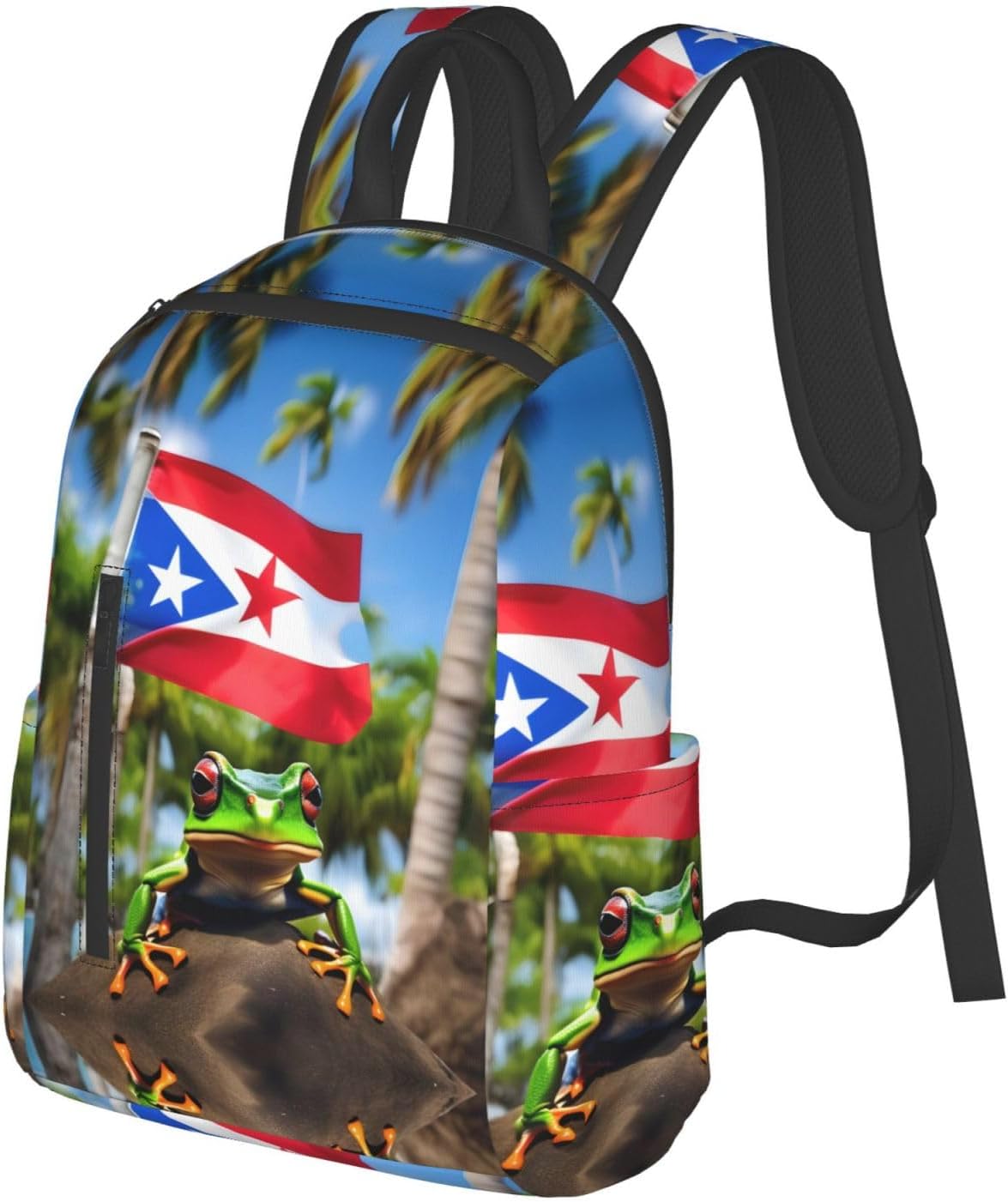 Puerto Rico Flags Frog Palm Trees Print Lightweight Backpack, Travel Bookbag College Bag,Laptop Backpack For Men Women