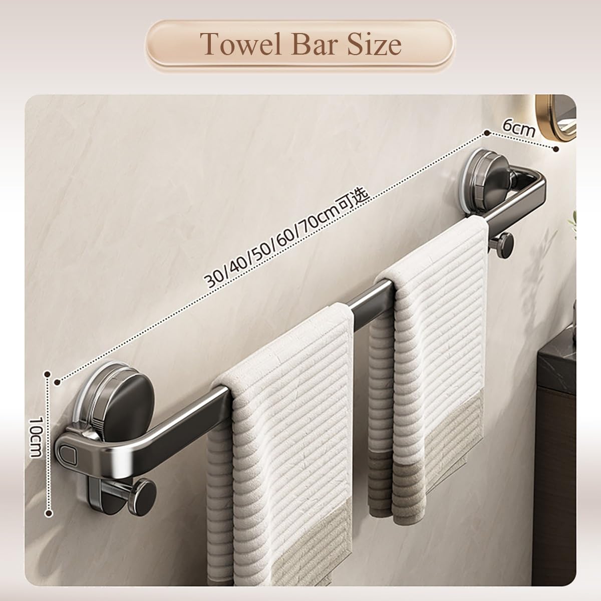 Saugnapf Handtuchhalter 90° Klappbar, Handtuchstange Ohne Bohren Aus Aluminium, Abnehmbare Einzelstange Mit Zwei Haken Für Badezimmer Dusche Küche Wohnmobil Wandmontage(Weiß,80cm/2.6ft)
